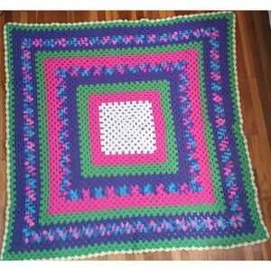 Crochet  granny‎ square afghan blanket sofa throw 44 X 44 Neon Rainbow